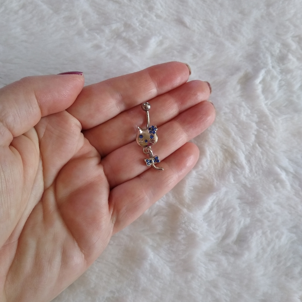 New Body Candy Blue Rhinestone Cat Dangle Belly Ring - Picture 2 of 2